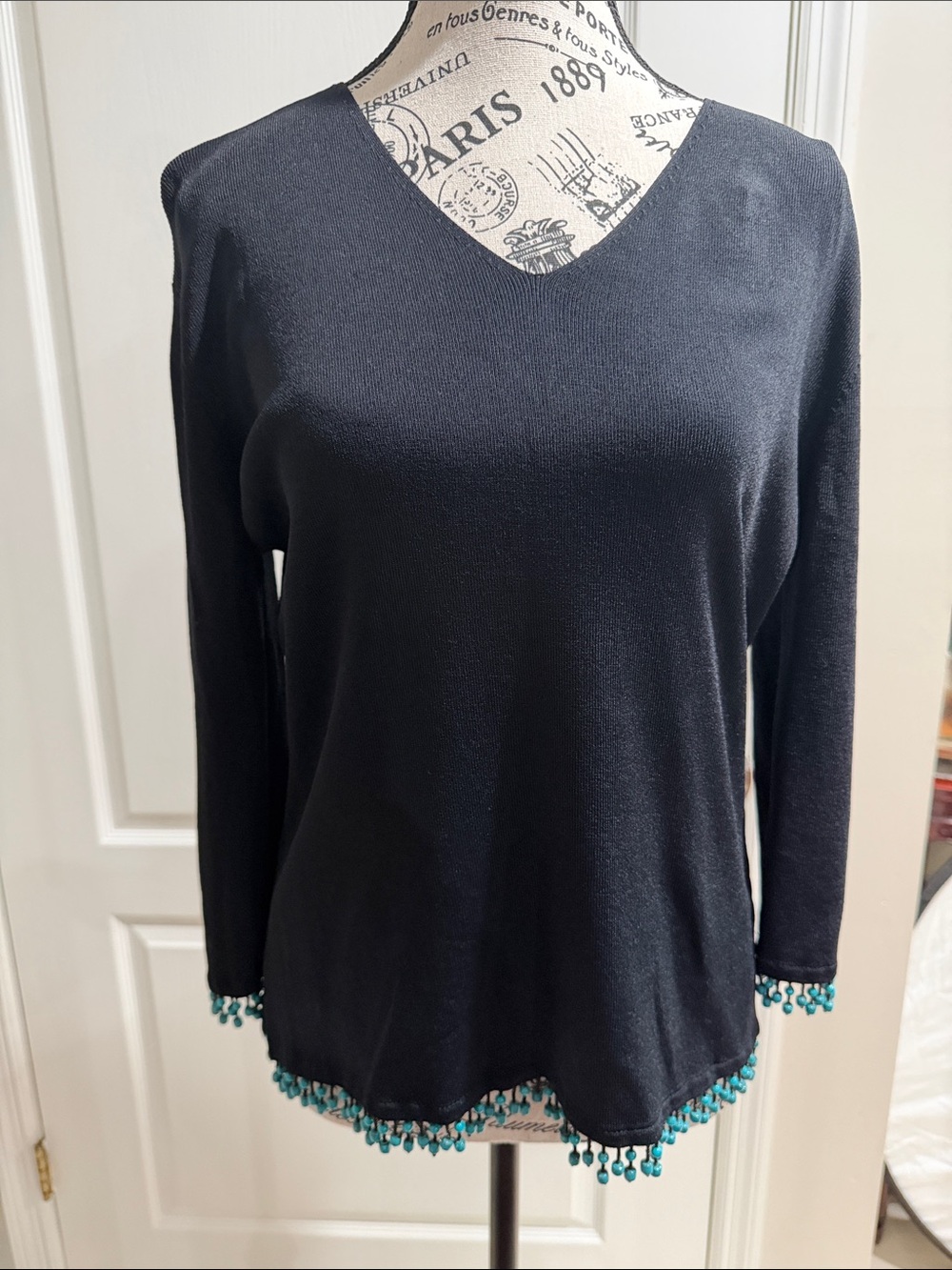 Joseph A Black V-Neck Long Sleeve Top with Turquoise Bead Trim